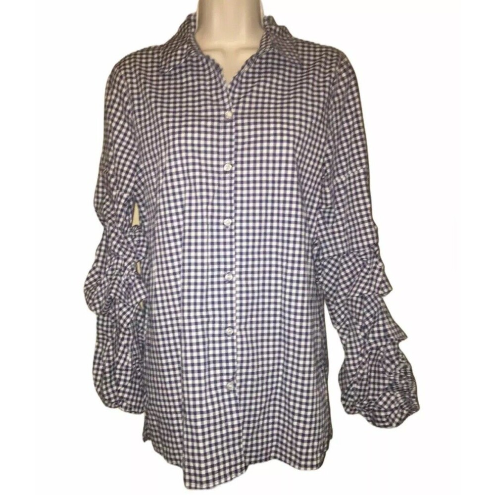 Cupio Blue White Gingham Ruffled Long Sleeve Button Front Top Size Small